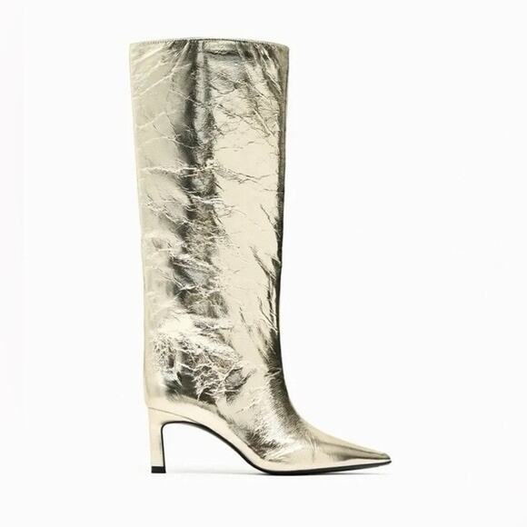 Zara Woman Metallic Effect Gold High Heel Boots Size UK6 EUR39 US8 EUC - Picture 1 of 10